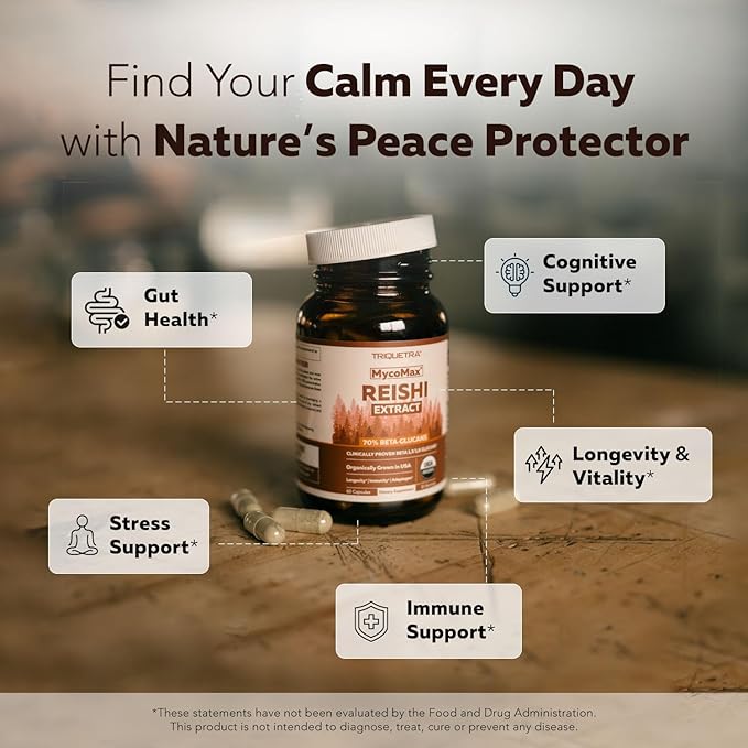 Organic Reishi Mushroom Capsules Extract - 70% Beta Glucans - Highest Active Nutrient Levels Max Potency US Grown + Ultrasonic Extraction - Energy Immunity Sleep and Stress - 60 Capsules