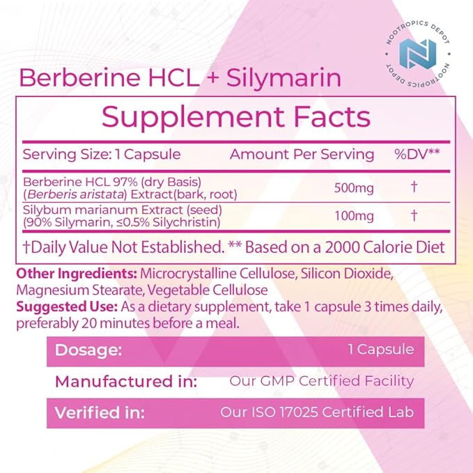 Nootropics Depot Berberine HCL + Silymarin Capsules | 500mg + 90mg | 180 Count | Supports Cellular Function Metabolic Function and Balanced Inflammation Levels