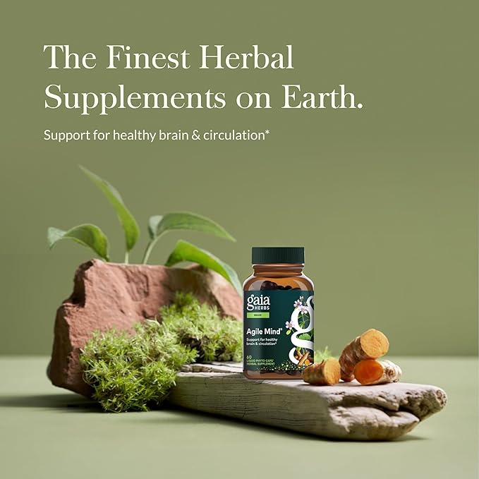 Gaia Herbs Agile Mind - Brain Support Herbal Supplements - Brain Circulation Support* - with Turmeric Root Bacopa Black Pepper &amp Ginkgo Biloba - 60 Vegan Liquid Phyto-Capsules (60 Servings)