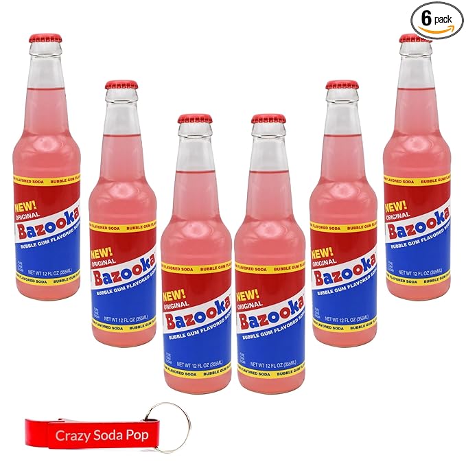 Generic Bazooka Soda | 6 Pack of Soda Pop with Real Cane Sugar | Classic Gum Flavor in Soda | 12 oz Glass Bottles with Crazy Soda Pop Bottle Opener