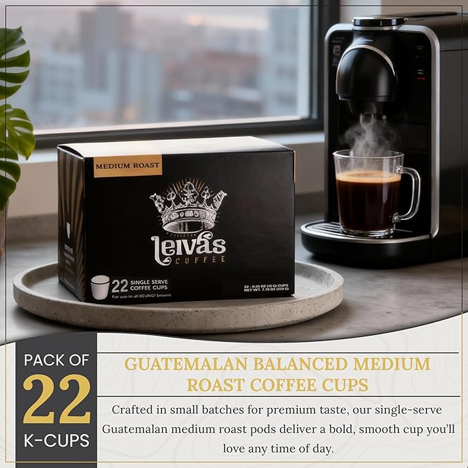 Leiva’s Guatemalan Single Serve K-cups Coffee Pods (22 Count) – Small Batch Medium Roast Capsules - Rich Bold &amp Balanced Flavor - Single Serve Pods for Keurig Coffee Machine - 0.35 Oz Cups