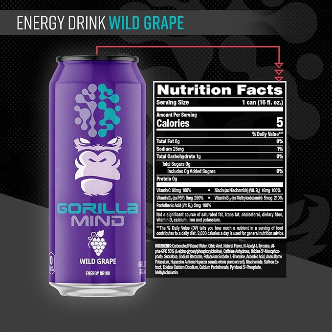 Gorilla Mind Energy Drink | Unmatched Energy · Amplified Focus | N-Acetyl-L-Tyrosine Alpha-GPC 200mg Caffeine Uridine Saffron | 0 Sugar Or Artificial Colors | 16oz 12-Pack (Wild Grape)
