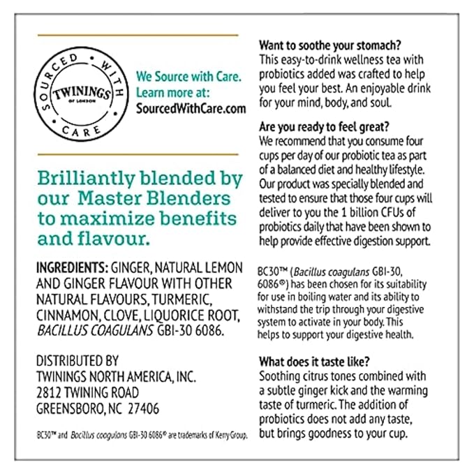Twinings Probiotics Lemon &amp Ginger Herbal Tea Supports Digestive Health Single Serve K-Cup Pods for Keurig Naturally Caffeine Free 24 Count (Pack of 2)