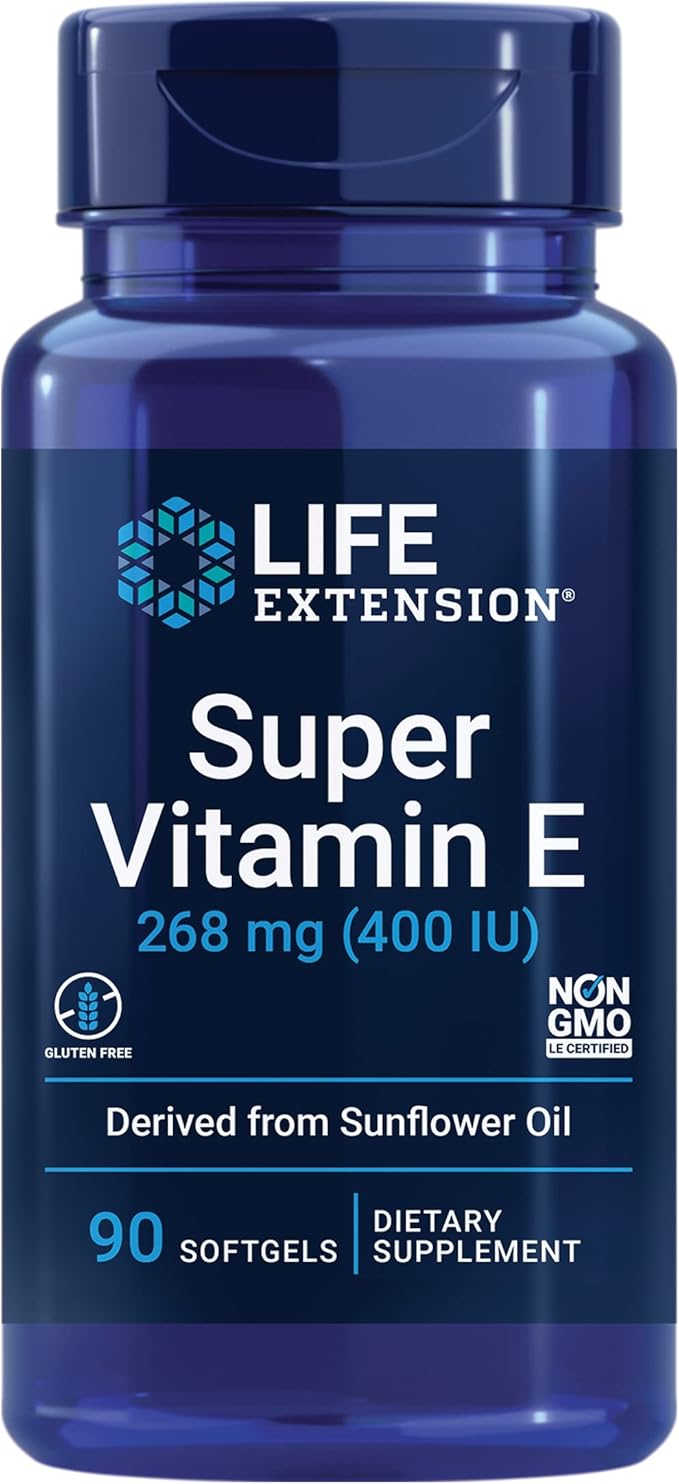 Life Extension Super Vitamin E 268 mg (400 IU) Non-Synthetic Vitamin E Supplement Promotes Whole-Body Health Gluten-Free Non-GMO 90 softgels