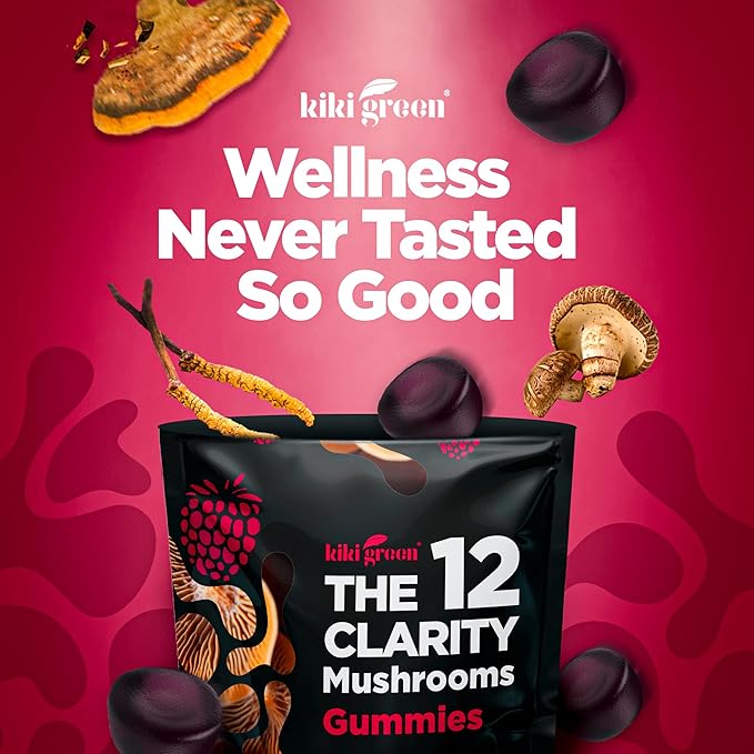 KIKI Green 12 Mushroom Supplement Gummies - Lion's Mane Cordyceps Chaga Reishi Turkey Tail &amp 7 More for Memory Focus Immunity - 60 Mushroom Gummies for Adults with Raspberry Flavor 10:1 Extr