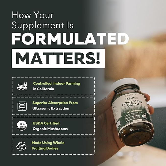 MycoMax Lions Mane Supplement - 70% Beta Glucans Max Potency Organic Lion’s Mane Extract US Grown + Ultrasonic Extraction - 500 mg serving - Supports Mental Clarity Focus and Memory - 60 Capsules