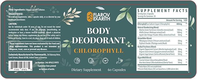 Women's Body Deodorizing Supplement – Chlorophyll Capsules for Body Odor Fresh Breath &amp Gut Detox for Social Confidence – Vegan with Matcha Green Tea Apple Cider Vinegar