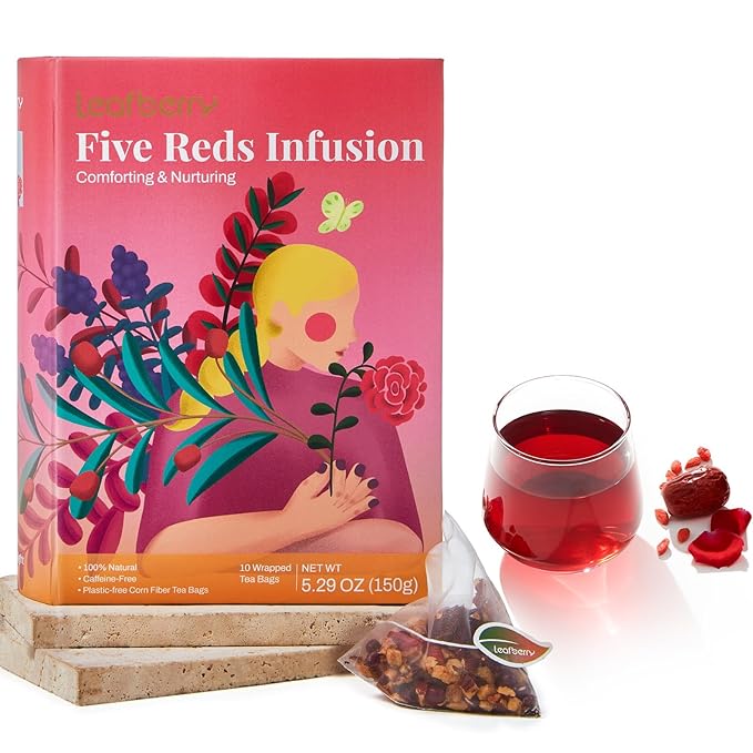 Leafberry Tea Book - Five Reds Tea for Rejuvenates Energy (Menstrual Cycle Tea) Wellness Functional Herbal Tea Detox Boosts Immunity Awaken Rose Jasmine Red Dates Beans (10 Bags) Box Teas Drinkers Gi