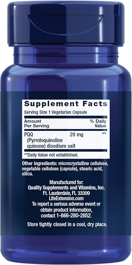 Life Extension PQQ pyrroloquinoline Quinone 20 mg Promotes The Growth of New Mitochondria Gluten-Free Non-GMO Vegetarian 1 Daily 30 Capsules