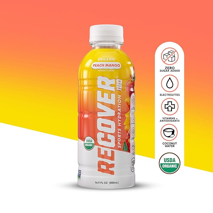 RECOVER 180 Organic Sports Hydration Drink No Sugar Added 20 Calorie Sports Beverage Organic Flavors With Vitamins Potassium-Packed Electrolytes (16.9 Fl Oz (Pack of 12) Peach Mango)