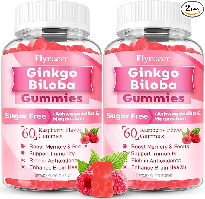 2 Pack Ginkgo Biloba 300mg Gummies for Adults &amp Kids Ginkgo Biloba Supplements for Focus Memory and Brain Health Vegan Sugar-Free Raspberry Flavor 120 Count
