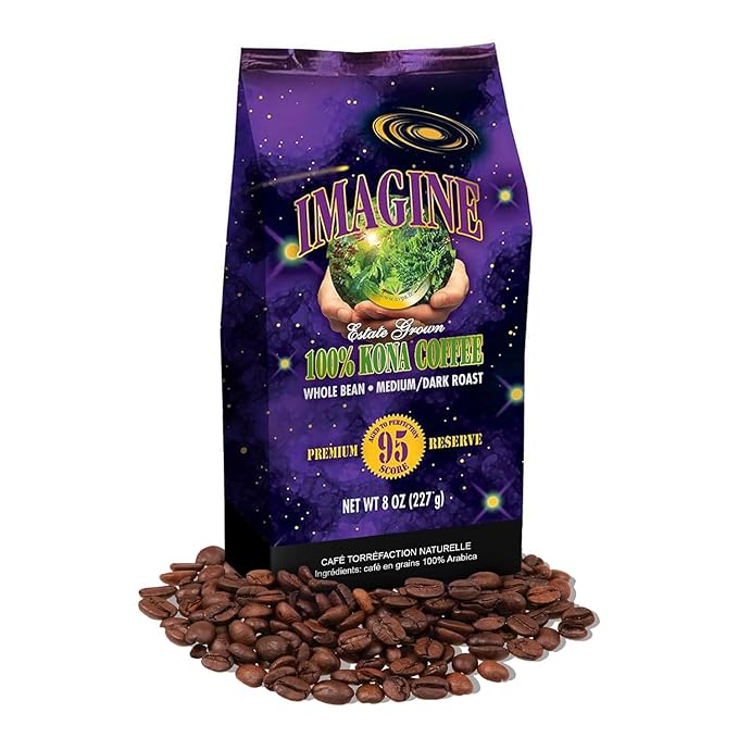 Imagine Kona Organic Coffee Beans | Arabica Kona Beans | Top Grade Air Roasted | Medium Dark Roast | Organic Whole Bean - 8oz