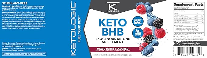 Ketologic Keto BHB (Mixed Berry Flavor) 30 Servings - Exogenous Ketone Supplement with goBHB Beta-Hydroxybutyrate Salts
