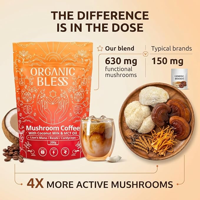 Organic Bless Instant Mushroom Coffee Powder – Organic Lion’s Mane Reishi &amp Cordyceps Blend for Energy Focus &amp Clarity – Adaptogenic Coffee with Coconut Milk &amp MCT Oil – 30 Servings