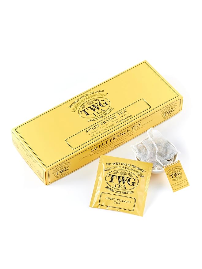 TWG Tea | Sweet France Tea | Green Tea | Chamomile Flowers &amp Rose Petals | 15 Hand Sewn Cotton Tea Bags | Gift Set