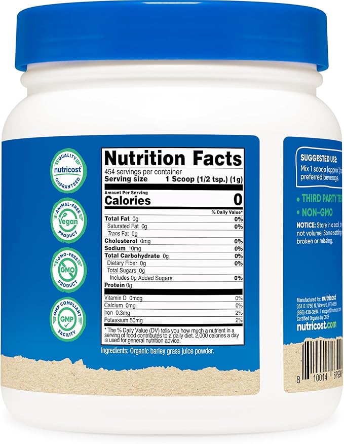 Nutricost Organic Barley Grass Juice Powder (1 LB) (Unflavored)