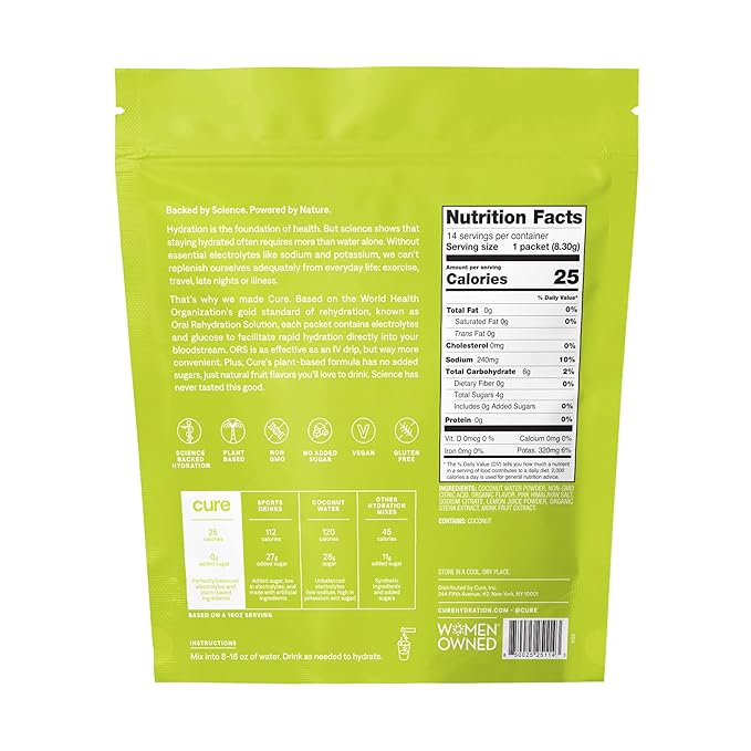 Cure Hydration Electrolyte Mix | Electrolyte Powder for Dehydration Relief and Energy | Made with Coconut Water | No Added Sugar | Vegan | Paleo Friendly | Watermelon + Lime Bundle | 28 Packets