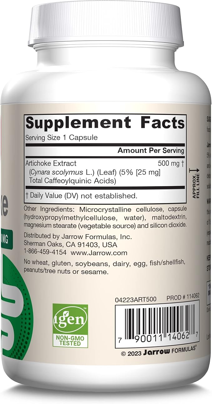 Jarrow Formulas Artichoke 500 mg - Standardized Artichoke Extract - 180 Servings (Veggie Caps) Support Liver Health &amp Digestion - Dietary Supplement - Non-GMO - Gluten Free - Vegan