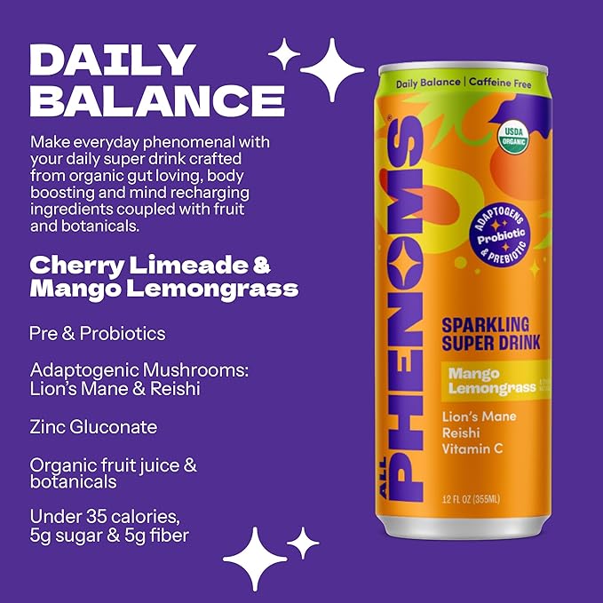 All Phenoms Daily Balance Sparkling Organic Prebiotic &amp Probiotic Drink - Adaptogen Mushroom Blend (500mg of Lions Mane &amp Reishi) Vit C Zinc (Non-Caffeinated No Stevia) - Mango Lemongrass