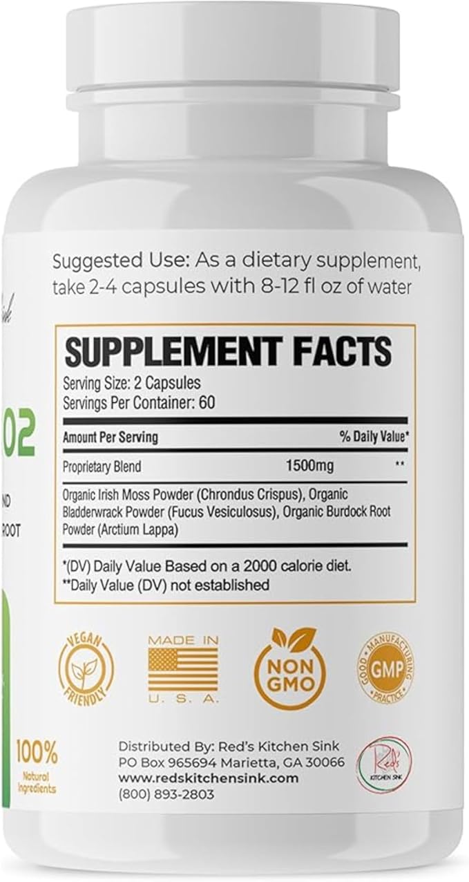 Red's Kitchen Sink Cell Fuel 102 – Organic Sea Moss 120 Capsules with Bladderwrack &amp Burdock Root | Dr. Sebi Inspired Herbal Blend | 60 Servings 2 Month Supply | Vegan 100% Natural