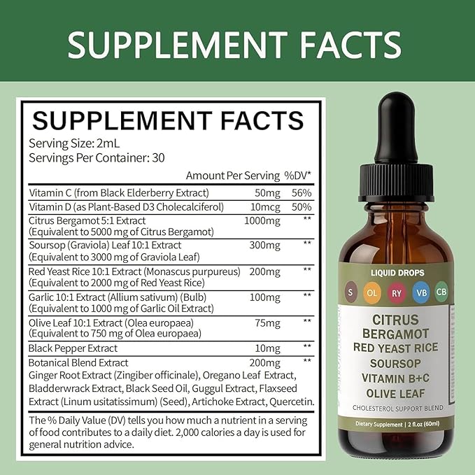 Red Yeast Rice Drops - Cholesterol Support Blend with Citrus Bergamot Red Yeast Rice Soursop Olive Leaf &amp Vitamin B+C Natural Non-GMO Vegan Dietary Supplement 2 fl oz