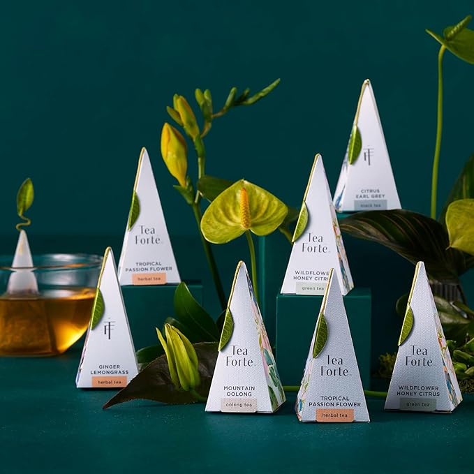 Tea Forte Premium Petite Presentation Box Gift Set Sampler 10 Count 2 of Each Blend Individually Wrapped Handcrafted Pyramid Infuser Bags Demoiselle Tea