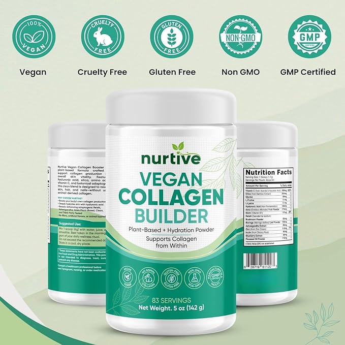 Vegan Collagen Builder Powder - 83 Servings - Gluten-Free Plant-Based Collagen Support with Hyaluronic Acid Amla Reishi Ashwagandha - Skin Hydration Hair &amp Nail Strength (5oz/142g)