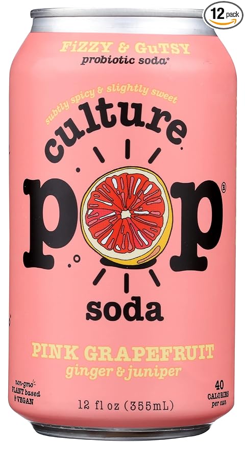 Culture Pop Soda Sparkling Probiotic Drink 40 Calories Per Can Vegan Soda for Gut Health Non-GMO GF No Added Sugar Pink Grapefruit 12 Fluid Ounce (Pack of 12)