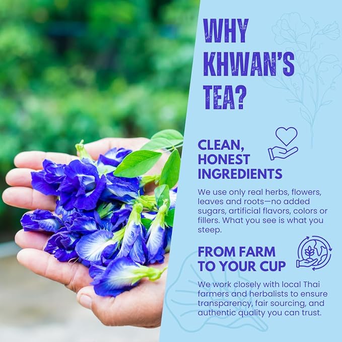KHWAN'S TEA Dried Butterfly Pea Flowers Blue Tea Clitoria Ternatea Flower Herbal Tea Caffeine Free Vegan Plant Based 3.53 oz (100g)