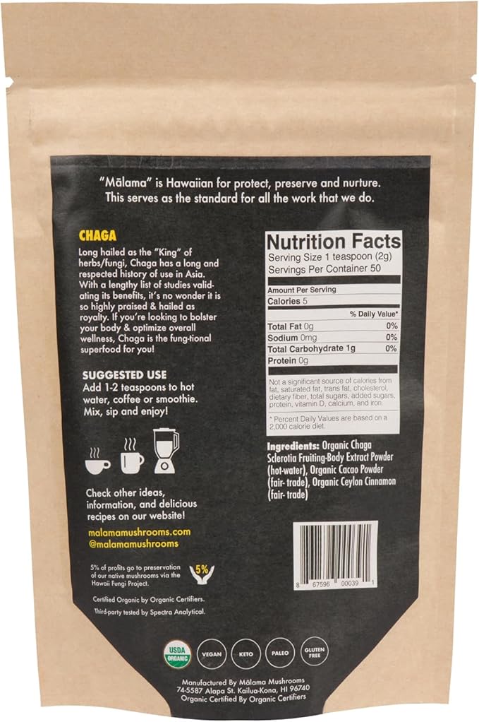 Malama Organic Mushroom Hot Cacao Mix Chaga Mushroom Powder with Fair Trade Cacao for Immune &amp Antioxidant Support – Vegan Supplement &amp Superfood Non GMO 3.5 oz (50 Servings)