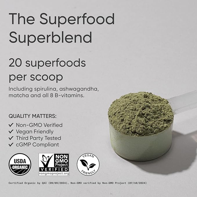 Sports Research® Organic Greens Superfood Powder w/Spirulina &amp Chlorella Adaptogens Enzymes Probiotics &amp 8 VIT Bs for Gut &amp Mood Support* - Vegan Sugar-Free &amp Low-Cal Original 30 S