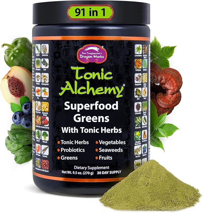 Dragon Herbs Tonic Alchemy Superfood Greens Powder with 91 Ingredients: Tonic Herbs Ashwagandha Mushrooms Probiotics Super Greens Seaweeds Fruits Vegetables Spirulina - 30 Servings
