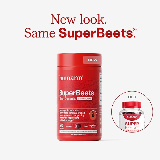 Humann SuperBeets Heart Gummies - Beet Gummy with Heart-Healthy Energy Support Grape Seed Extract &amp Beetroot Powder Zero Sugar - Strawberry Flavor 120 Count