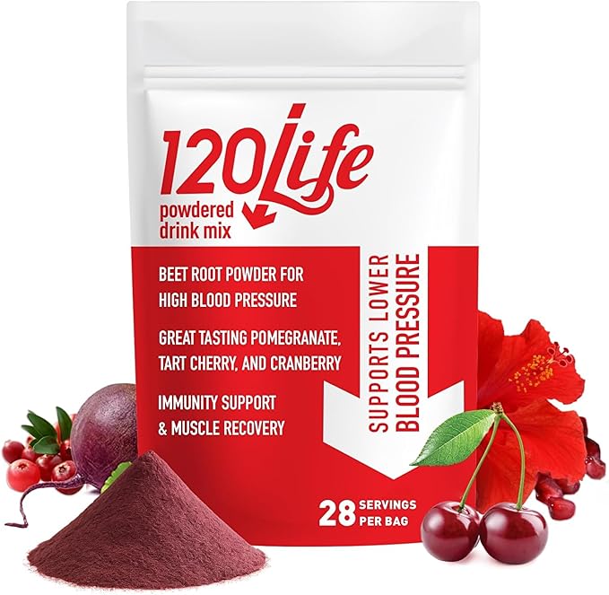 120LIFE Blood Pressure Support Natural Beet Root Powder Drink Mix with Pomegranate Powder Cranberry Supplement Tart Cherry Hibiscus and Magnesium (28 Servings) - Gluten-Free Vegan