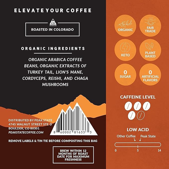 Peak State Immunity Boost Medium Roast – Organic Mushroom Coffee Low Acid &amp Smooth Dark Chocolate &amp Sweet Grape Notes Whole Bean Gluten Free 12 oz (2 Pack)