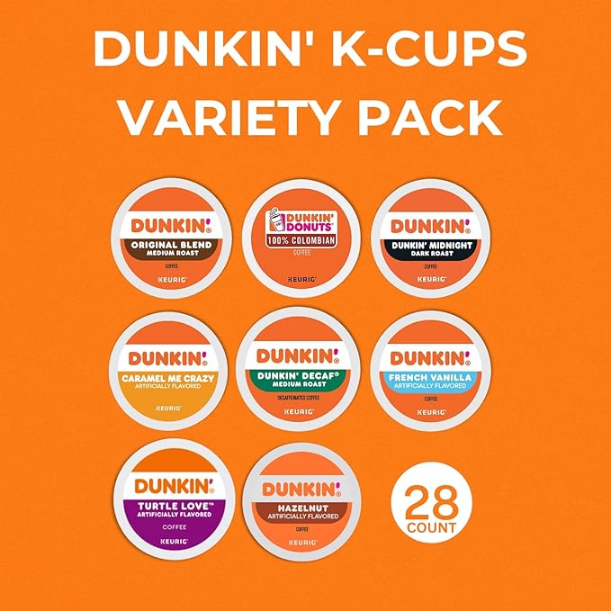 Dunkin K-Cup Variety Pack: 28 Keurig Coffee Pods 8 Flavors Medium &amp Dark Roasts Flavored K Cups - Hazelnut French Vanilla Caramel Turtle Love Coffee Kcups with Recipe eBook (28units 8 Flavo