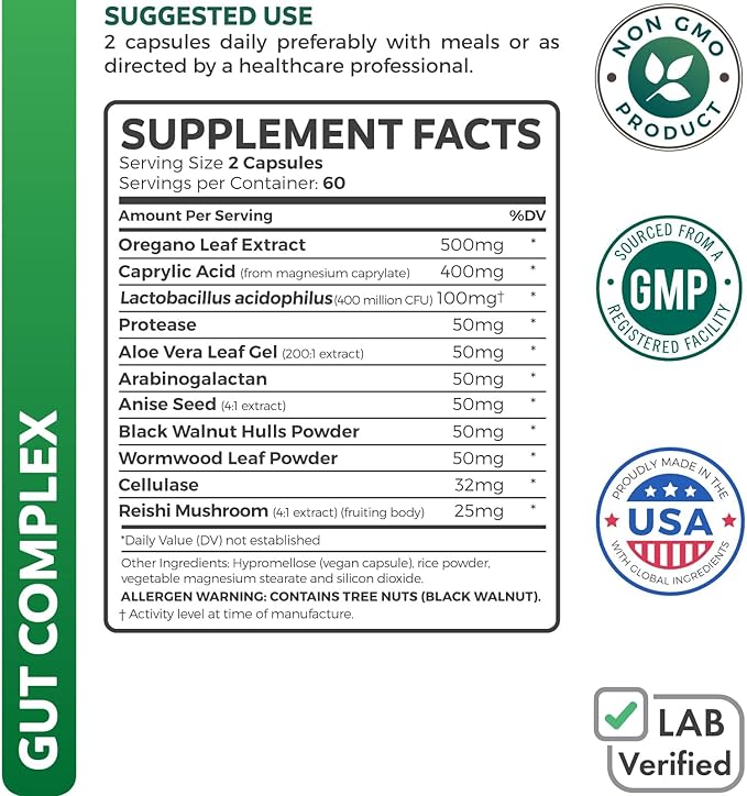Candida Support (120 Capsules) - Caprylic Acid Oregano Oil &amp Probiotics Help Maintain Already Normal Levels of Yeast and Candida - Vegetarian Non-GMO Intestinal Supplement - Gut Cleanse (No Pill