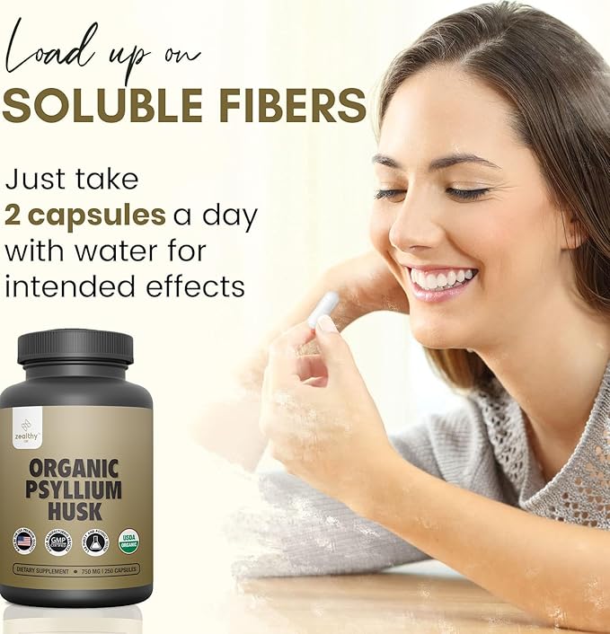 Organic Psyllium Husk Capsules 750 mg Natural Fiber Supplement for Gut Health* - Alternative to Psyllium Husk Powder Zealthy Life 250 Capsules