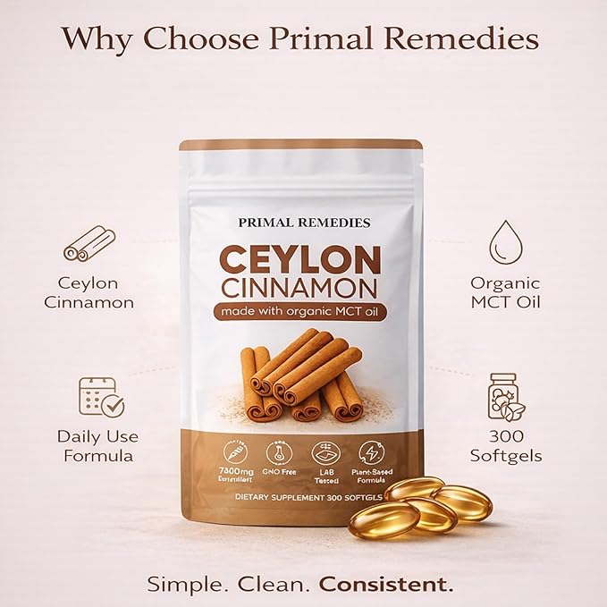 Primal Remedies Ceylon Cinnamon Capsules – 300 Softgels Equivalent Per Serving Cinnamomum Verum Bark Extract Clean Plant Based Supplement for Daily Wellness Routine (1)