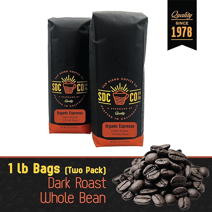 San Diego Coffee Organic Espresso Dark Roast Whole Bean Coffee 16-Ounce Bags (Pack of 2) Café en grano tostado