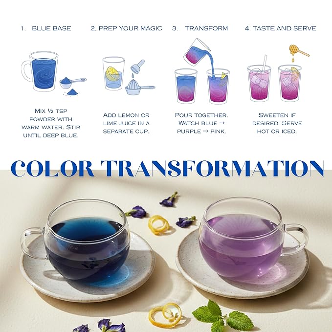 Queen Omi Organic Butterfly Pea Flower Tea Powder| Herbal Tea | Natural Food Coloring | Caffeine Free Tea | Plant Based Superfood | Blue Matcha | Color Changing Magic | Sun Dried in Thailand | 80g