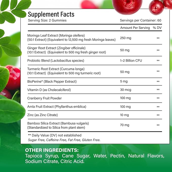 Moringa Gummies with Ginger Turmeric &amp Probiotics | 120 Vegan Sugar-Free Chewables | 12500mg Moringa Equivalent per Serving | Plant-Based Pectin Formula with Vitamin C