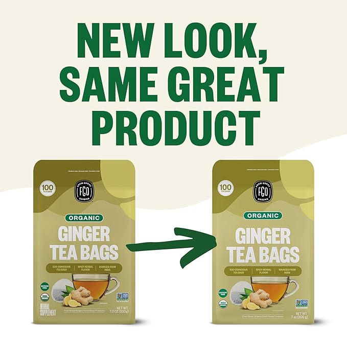 FGO Organic Ginger Tea 100 Count Eco-Conscious Tea Bags Caffeine Free Packaging May Vary (Pack of 1)