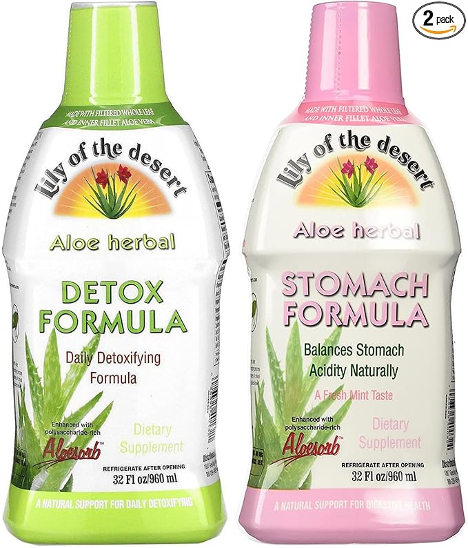 Lily Of The Desert Stomach Formula &amp Detox Formula Variety 2-Pack – Aloe Vera and Herbs for Gut Health Liver Detox Heartburn Relief 32 Fl Oz Ea