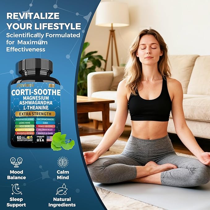 Corti-Soothe Cortisol Supplement for Women and Men with Magnesium Glycinate 200mg L-Theanine 150mg Phosphatidylserine 50mg &amp Manager Holy Basil Ginkgo Biloba Bacopa Monnieri Valerian 60 Capsules