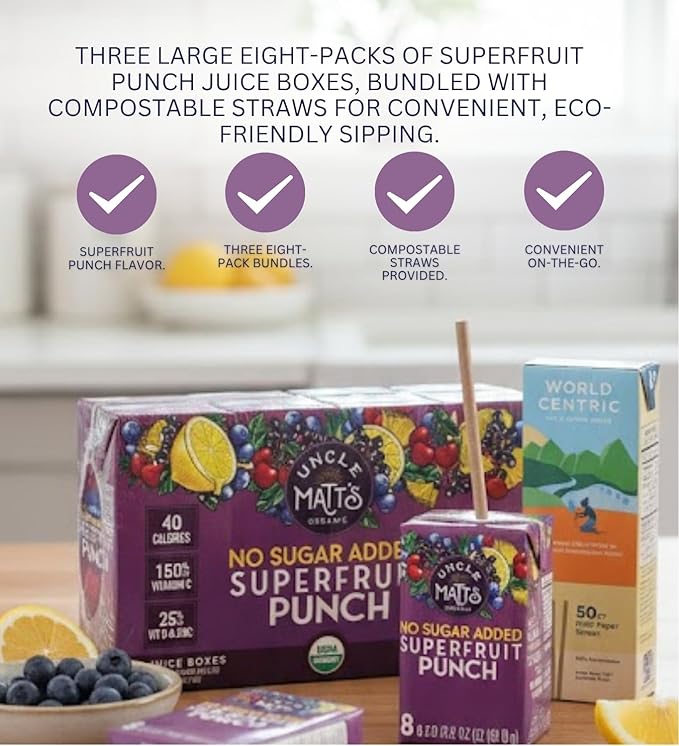 3x Uncle Matt’s Organic Superfruit Punch Juice Boxes 8-Pack 54 fl oz Bundle with Paper Straw 50 pc and Reusable Carry Bag – Organic Juice with Vitamins C &amp D for Kids — Gift Set (4 Items)