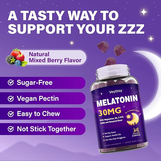 Melatonin 30mg Gummies for Adults - Sugar Free Melatonin Gummies Maximum Strength with Magnesium B6 GABA &amp Botanical Blend - Non-Habit FormingVegan Non GMO Natural Mixed Berry Flavor