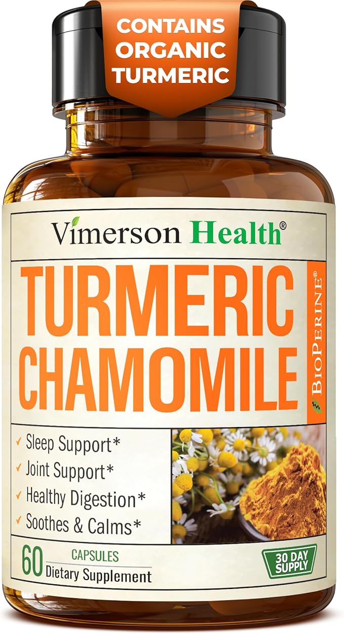 Turmeric Supplement &amp Chamomile Capsules for Sleep - Organic Turmeric Sleep Supplement with Chamomile Flowers Extract (Manzanilla) - Relaxation &amp Stress Support - Joint &amp Digestive Health.