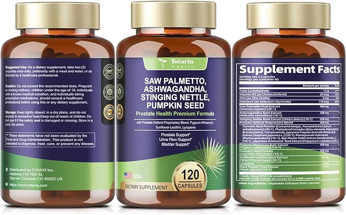 Totaria Organic Saw Palmetto with Pumpkin Seed - Prostate Health Supplements with Ashwagandha Root Stinging Nettle Prostate Defend Propnietary Blend DHT Blocker for Men &amp Women 120 Count