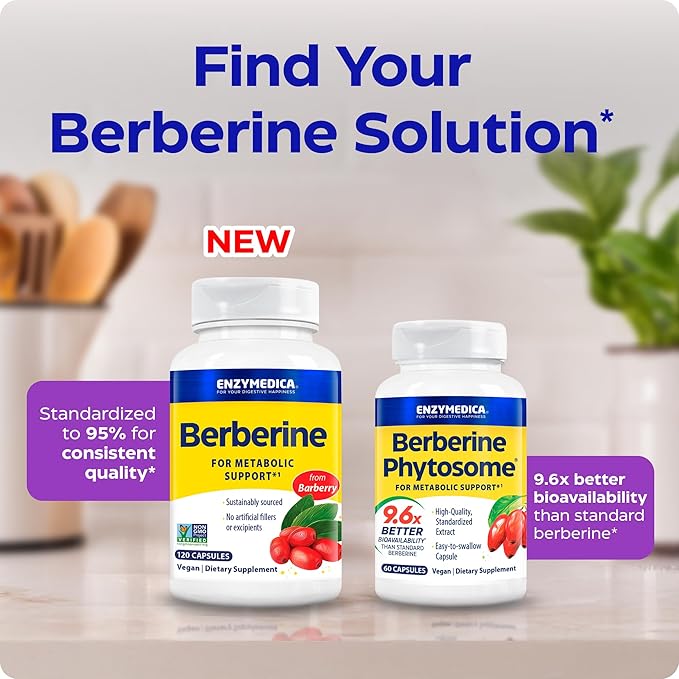 Enzymedica Berberine Supplement HCl 510mg for Overall Health and Wellness Vegan No Artificial fillers Clean Label 120 Count